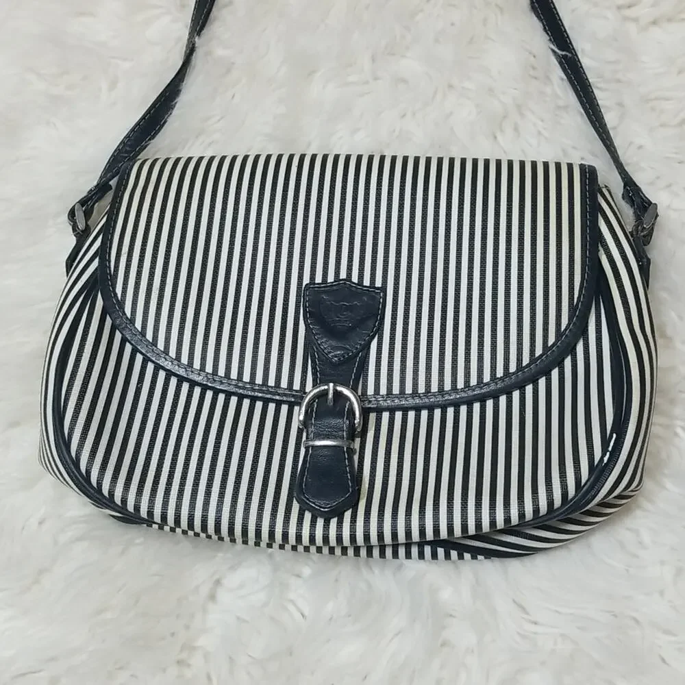 Vintage Liz Claiborne Navy Blue & White Striped Crossbody Purse - Leather & PVC